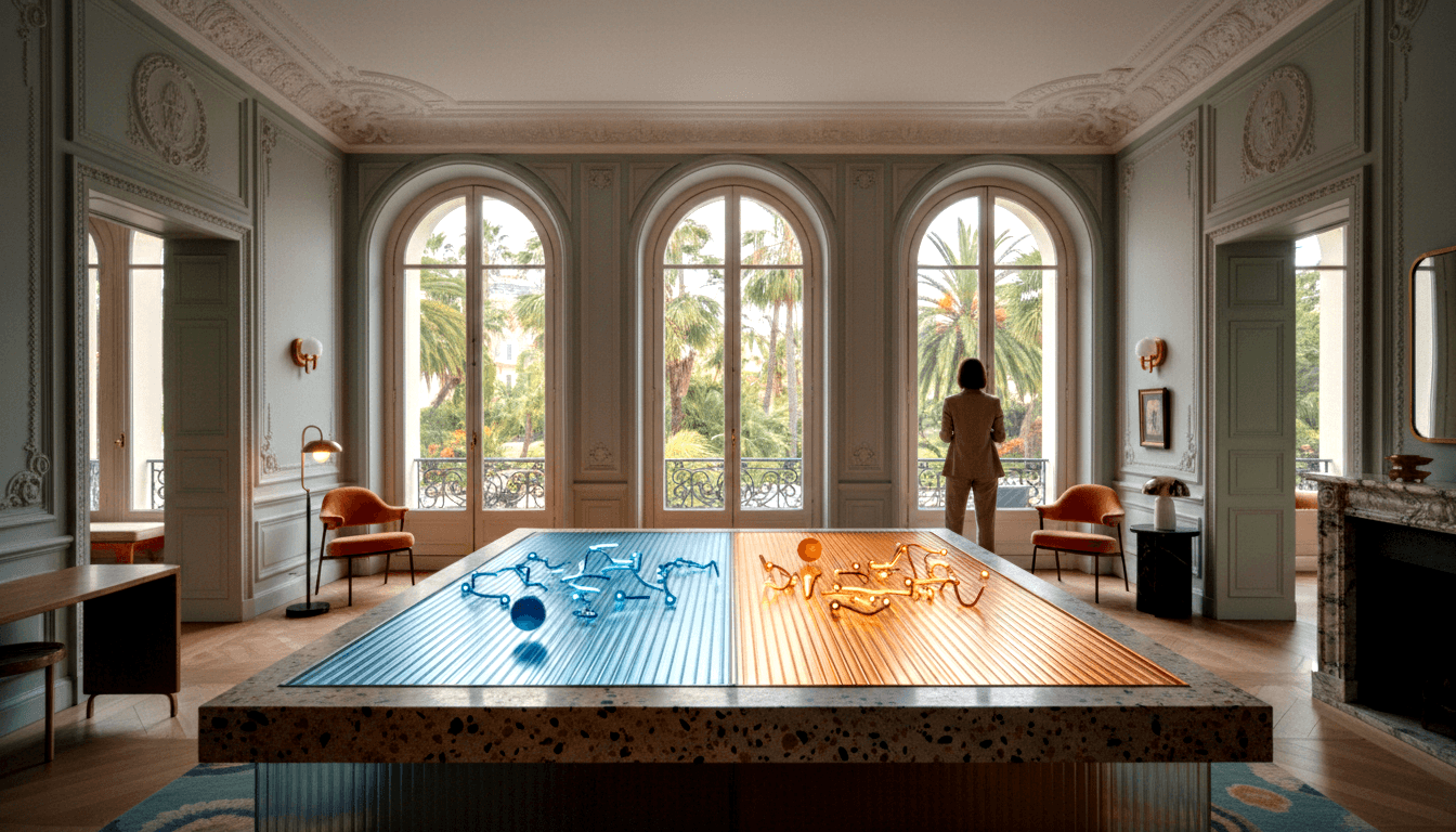 Silhouetted figure at arched window in sage-green room; terrazzo table glows blue and amber with sculptural forms.