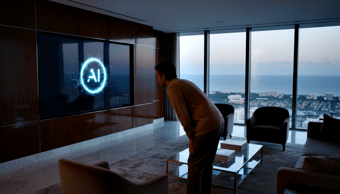 Man in tan top leans toward wall-mounted display showing glowing 'AI' in a cyan circular ring, flanked by wooden panels.