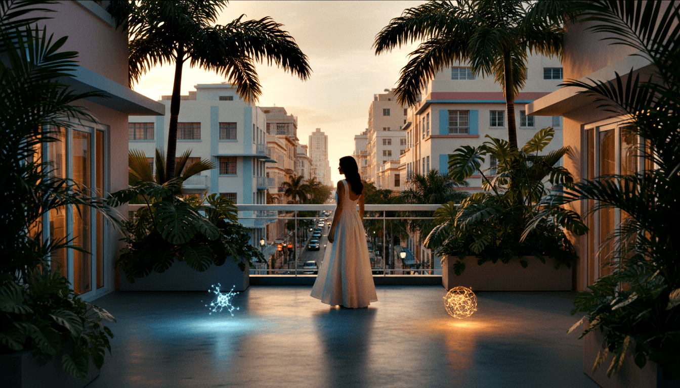 Woman in white dress seen from behind on terrace at dusk, blue and amber glowing orbs flanking her, palm-lined boulevard ahead.