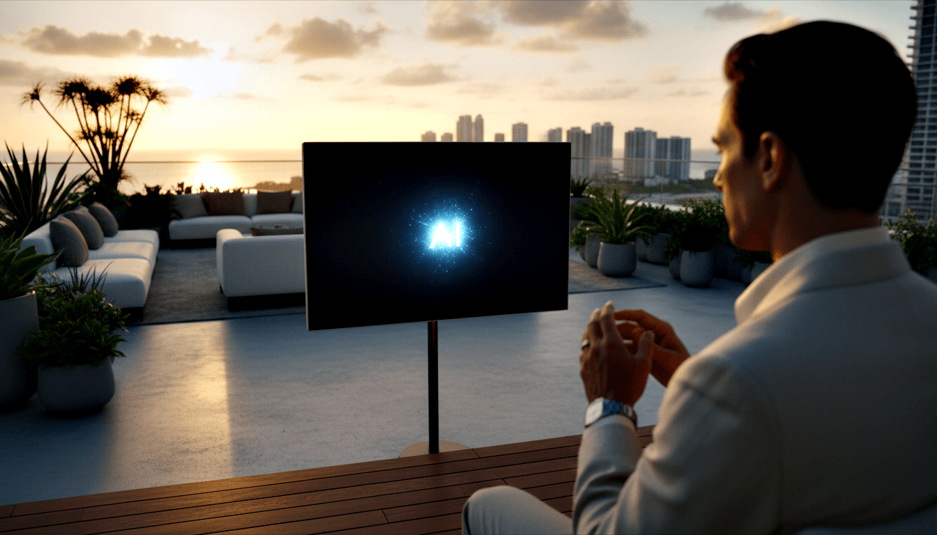 Man in gray suit jacket sits on rooftop terrace facing a floor-stand monitor displaying glowing blue 'AI' text at golden-hour sunset.
