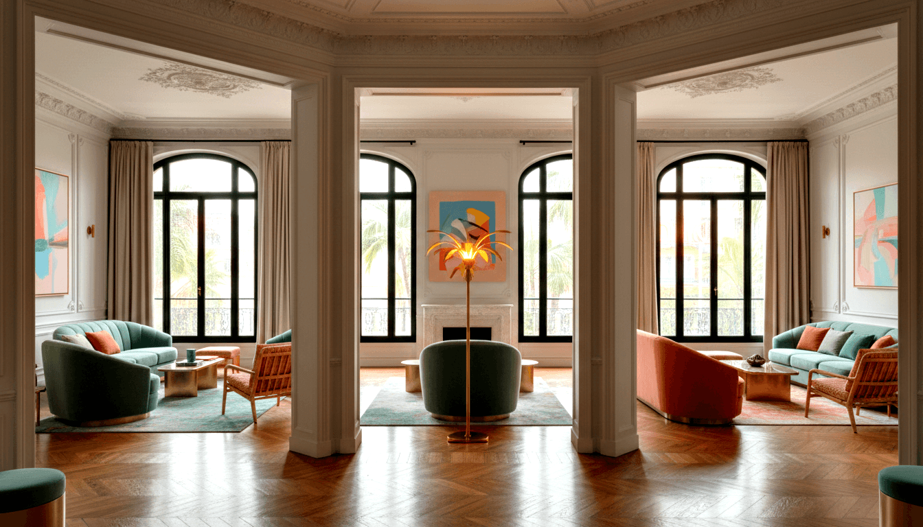 Grand interior: ornate ceiling, arched black windows, herringbone parquet, teal/terracotta curved sofas, brass tables, gold palm lamp.