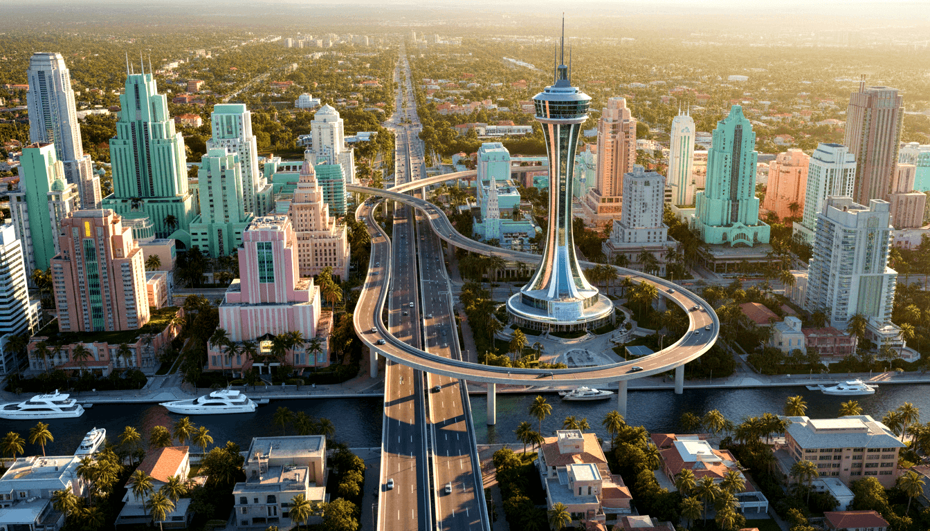 Aerial view of fictional tropical coastal city at golden hour: central tower with bulbous mid-section, spiraling highway, Art Deco skyscrapers.