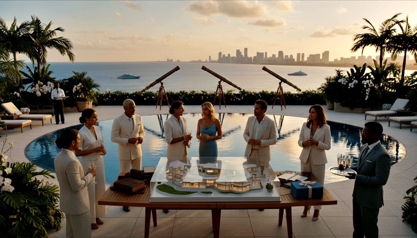 Formally dressed adults gather around an illuminated architectural scale model, holding champagne flutes on a terrace with infinity pool.