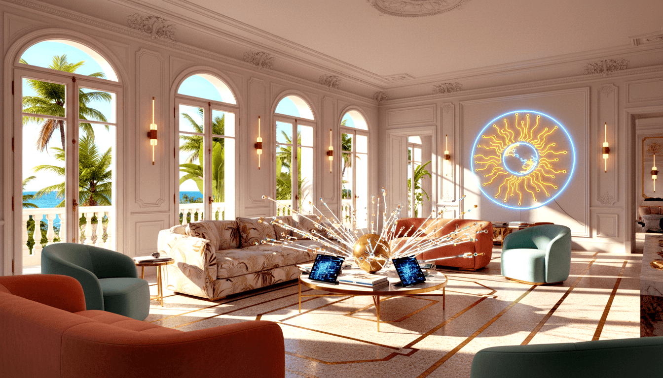 CGI interior: arched French doors, floral seating around gold-legged table with two laptops and glowing gold sunburst sculpture.