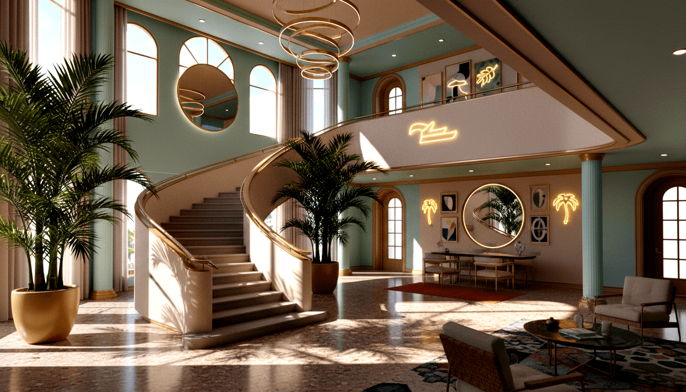 CGI double-height foyer with curved marble staircase, gold railings, potted palms, pale teal columns, and concentric-ring chandelier.