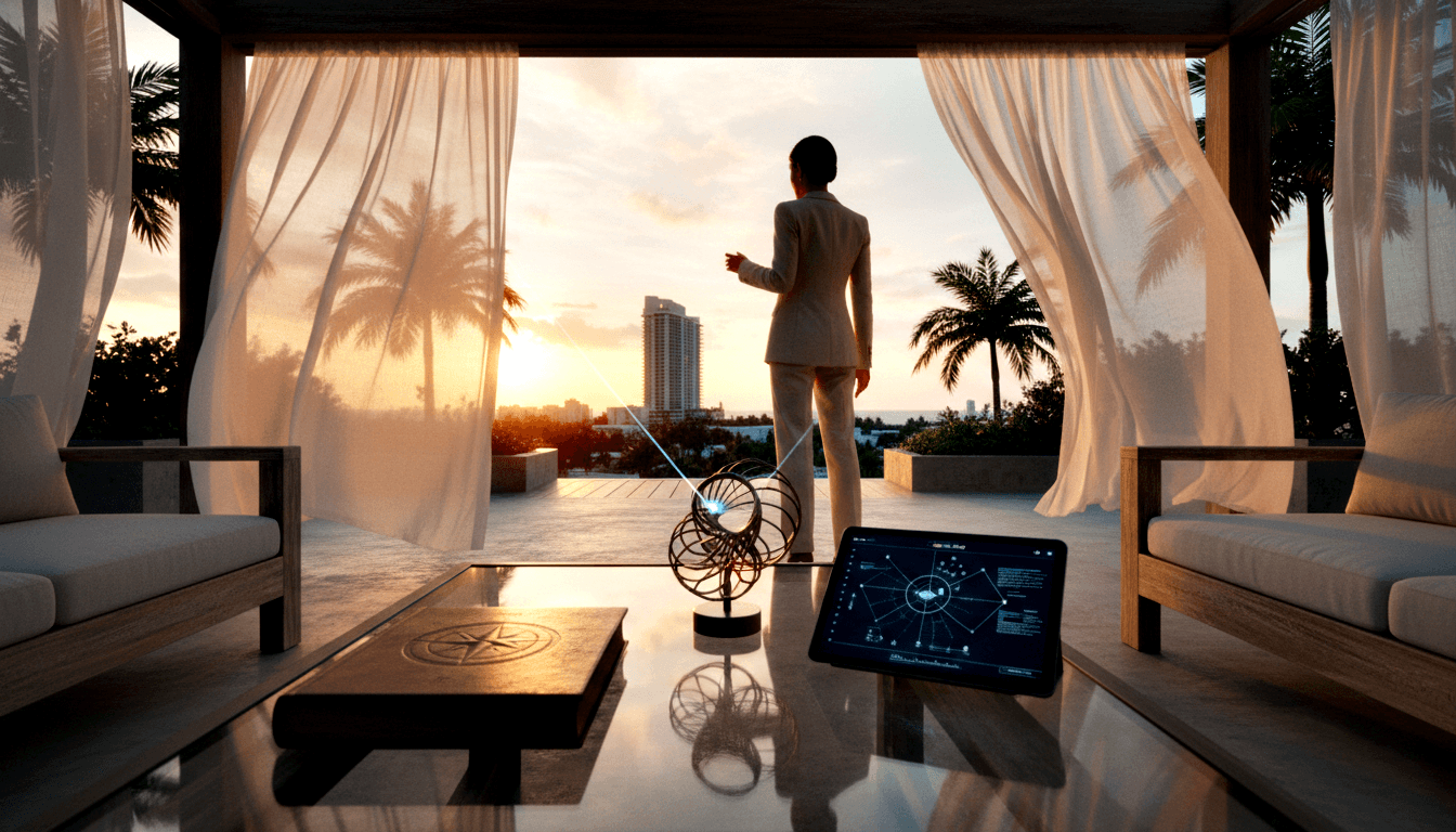 Person in cream suit gestures toward sunset cityscape from pavilion; armillary sphere emits blue light beam in foreground.