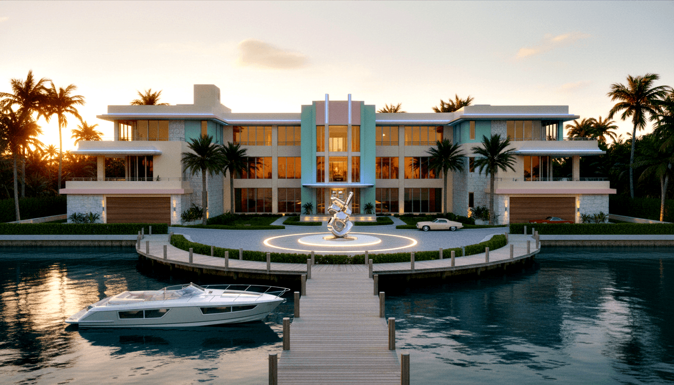 CGI waterfront estate with cream facade, teal and salmon Art Deco accents, viewed symmetrically along a wooden dock over blue-green water.