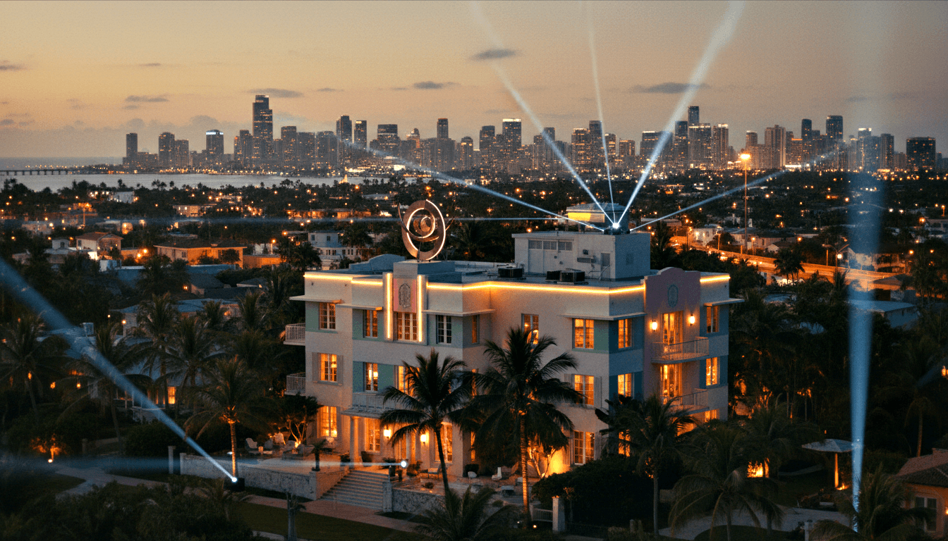 Aerial dusk view of Art Deco building, teal/cream facade, rooftop metallic rings sculpture with searchlights, palm trees, city skyline beyond.