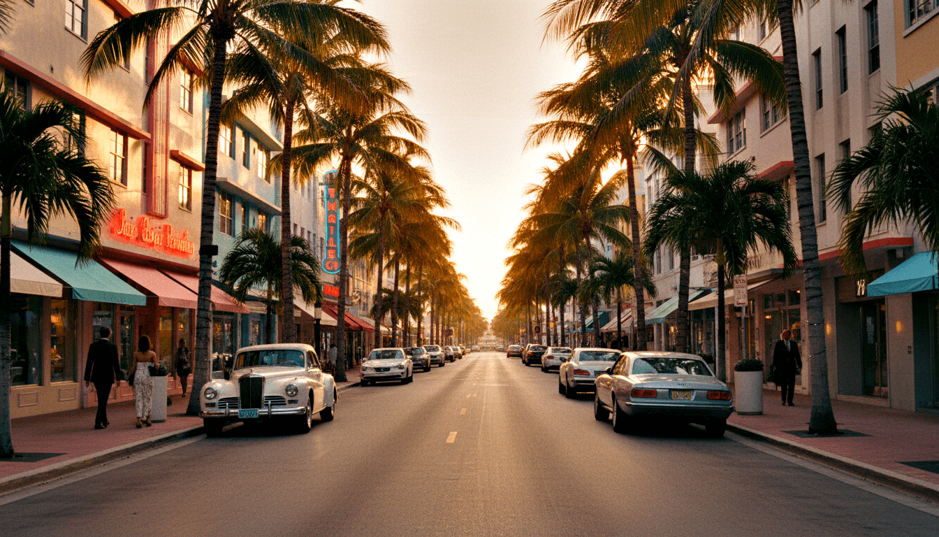 Symmetrical boulevard lined with royal palms at sunset, flanked by pastel Art Deco buildings with teal awnings and red neon signs.