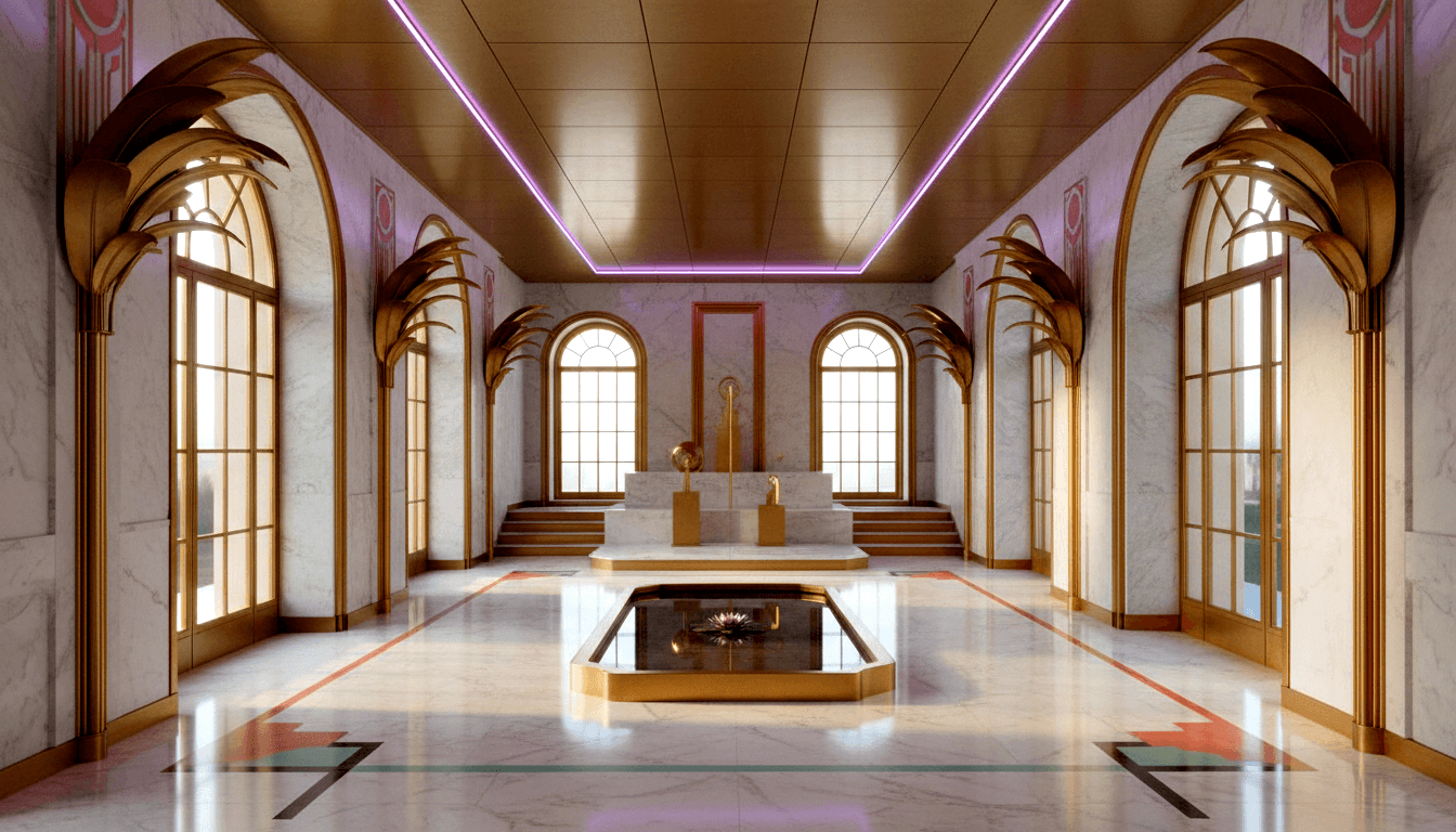 CGI ceremonial hall, white marble, gold palm-frond capitals, coral floor inlays, lotus pool, gold ceiling, violet LED strips.