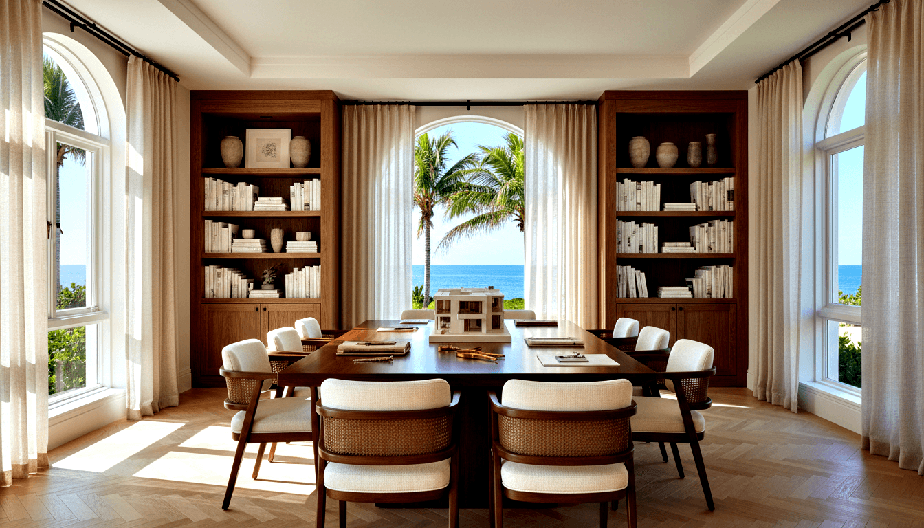 Dark walnut table, eight cane-back chairs, floor-to-ceiling bookshelves, arched window framing turquoise ocean and palms.