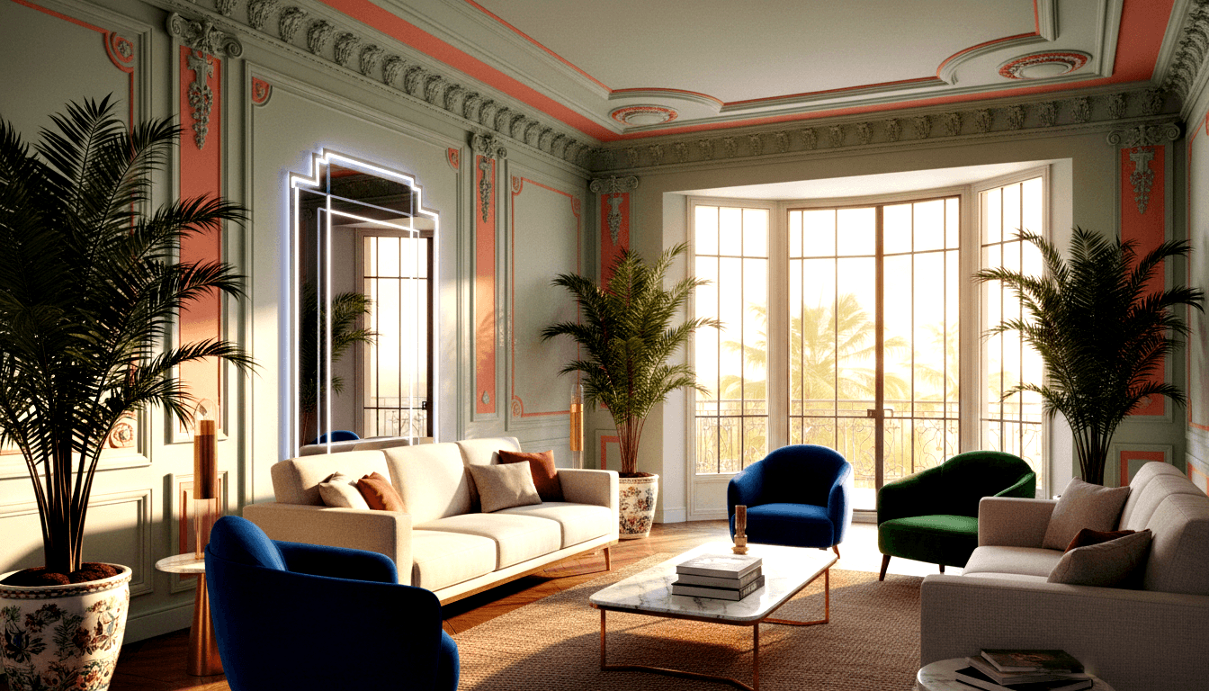 CGI living room with sage-green paneled walls, coral-pink insets, cream sofa, royal-blue velvet armchairs, and marble-top coffee table.