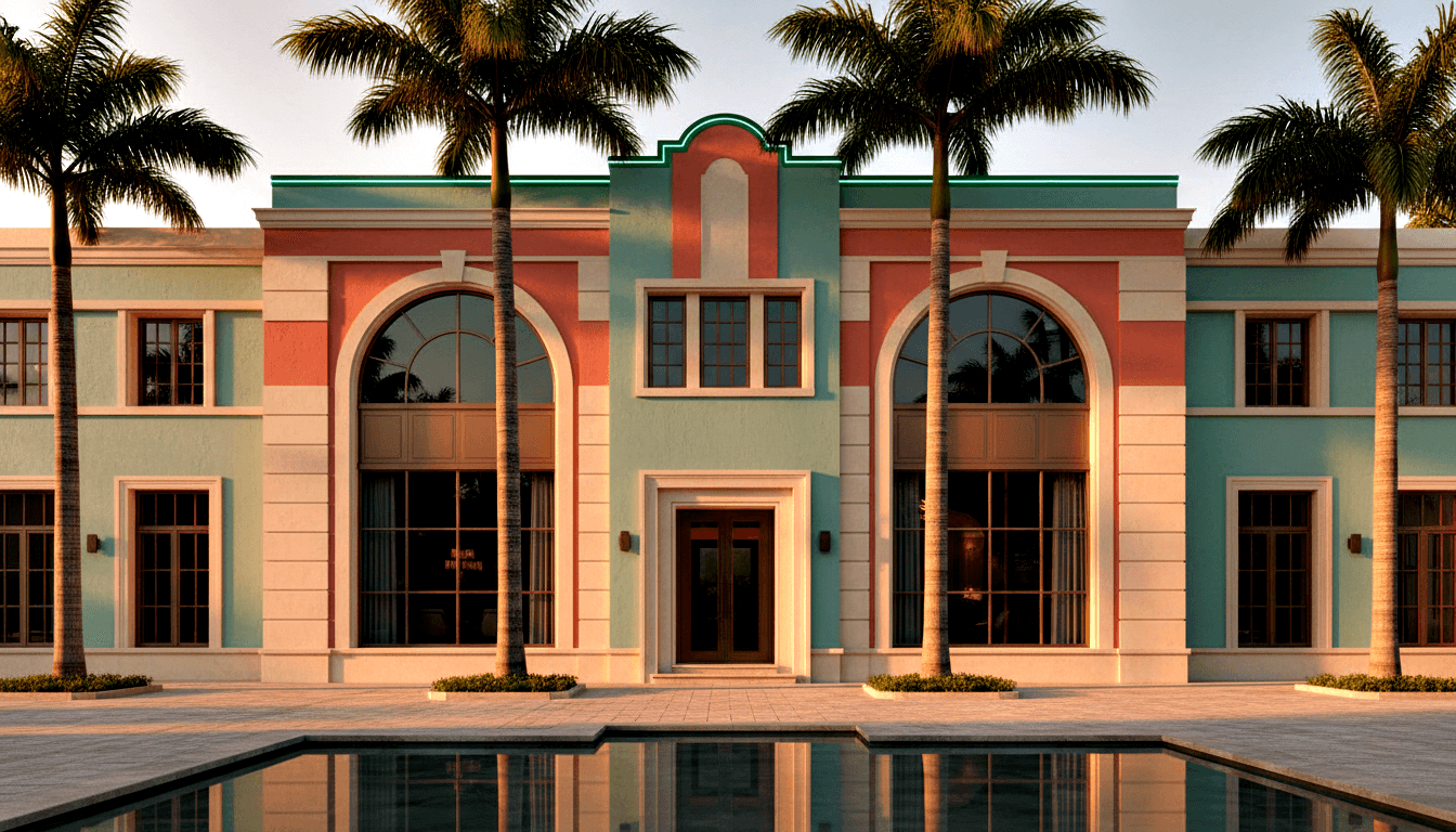 CGI two-story building with mint green walls, cream pilasters, arched windows, dark wood double-door, and reflective pool in foreground.