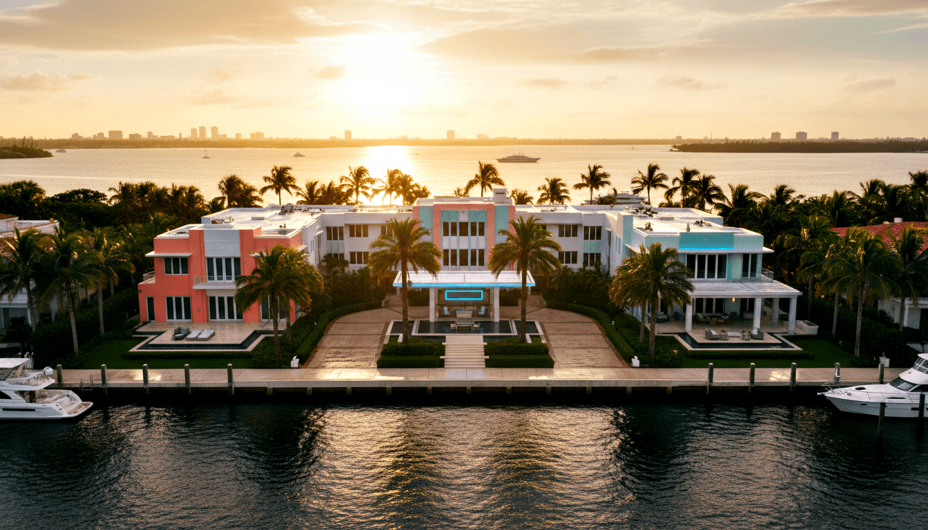 Aerial view of a large multi-wing waterfront estate with Art Deco coral-pink, mint-green, and white pastel architecture at golden sunset.
