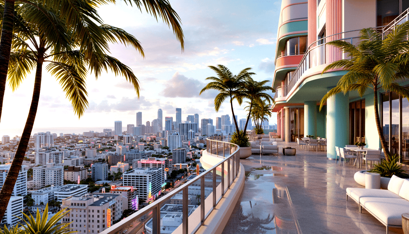 Outdoor terrace with white sofas, dining table, and stone flooring reflecting golden-hour light; mint-teal columns and urban skyline behind.