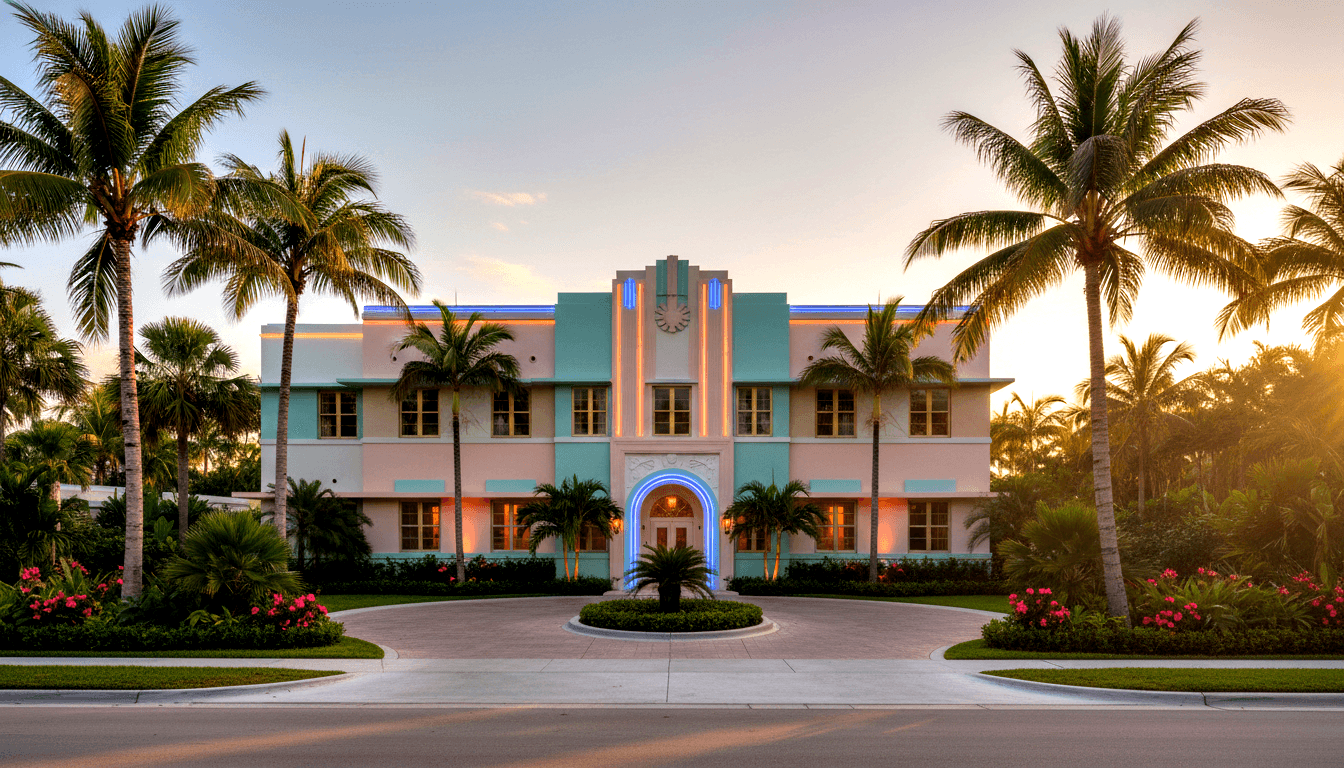 Symmetrical two-story Art Deco building with mint-green facade, teal neon lighting, and tall palms flanking the entrance at dusk.