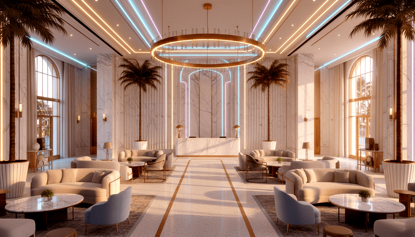 CGI lobby: marble walls, columns, cream curved sofas, gold tables, blue-grey armchairs, white reception desk, palms, bronze chandelier.