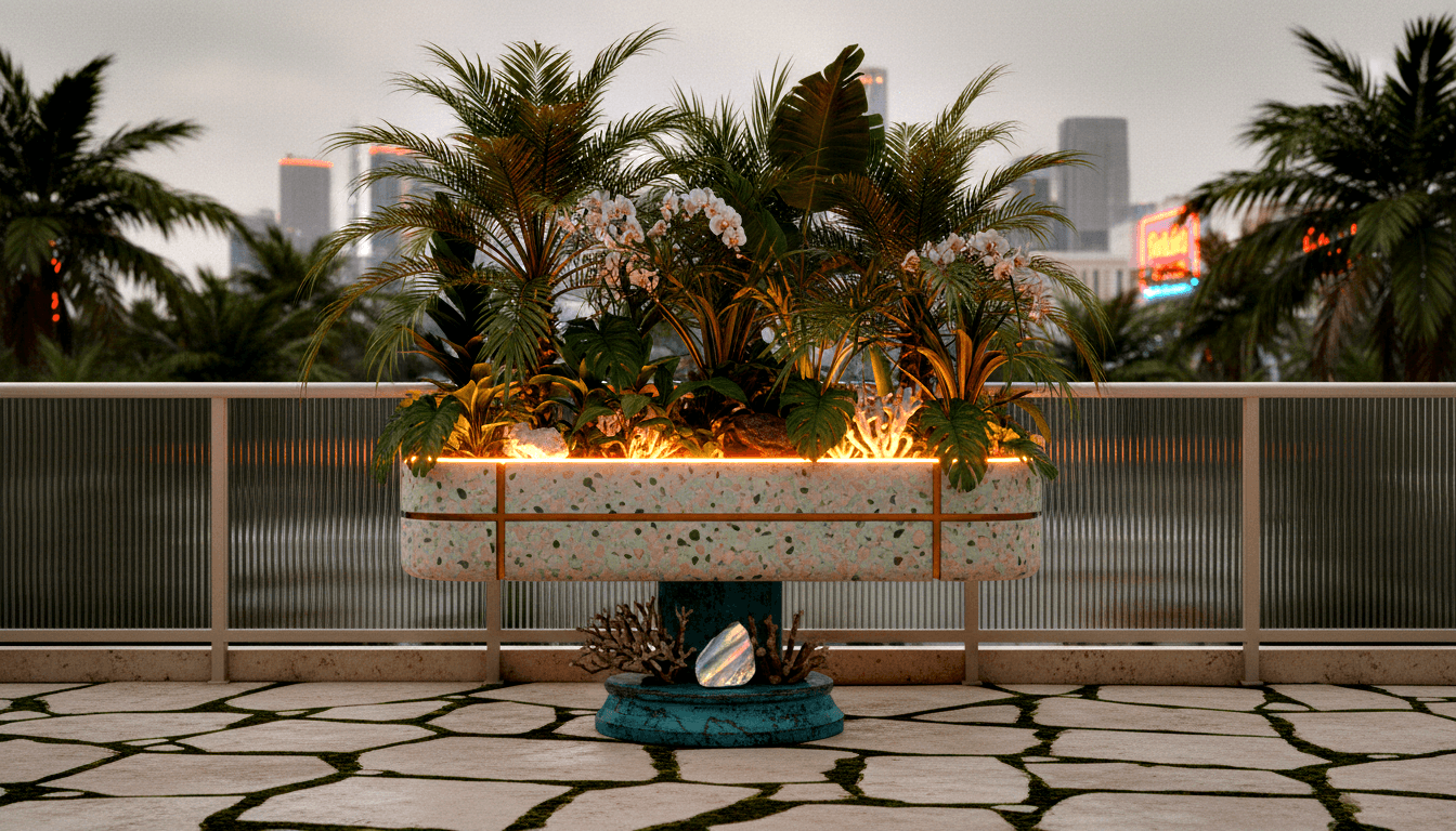 Rectangular terrazzo planter with copper-gold trim on teal pedestal, filled with palms, monstera, and orchids, lit by amber LED strips.