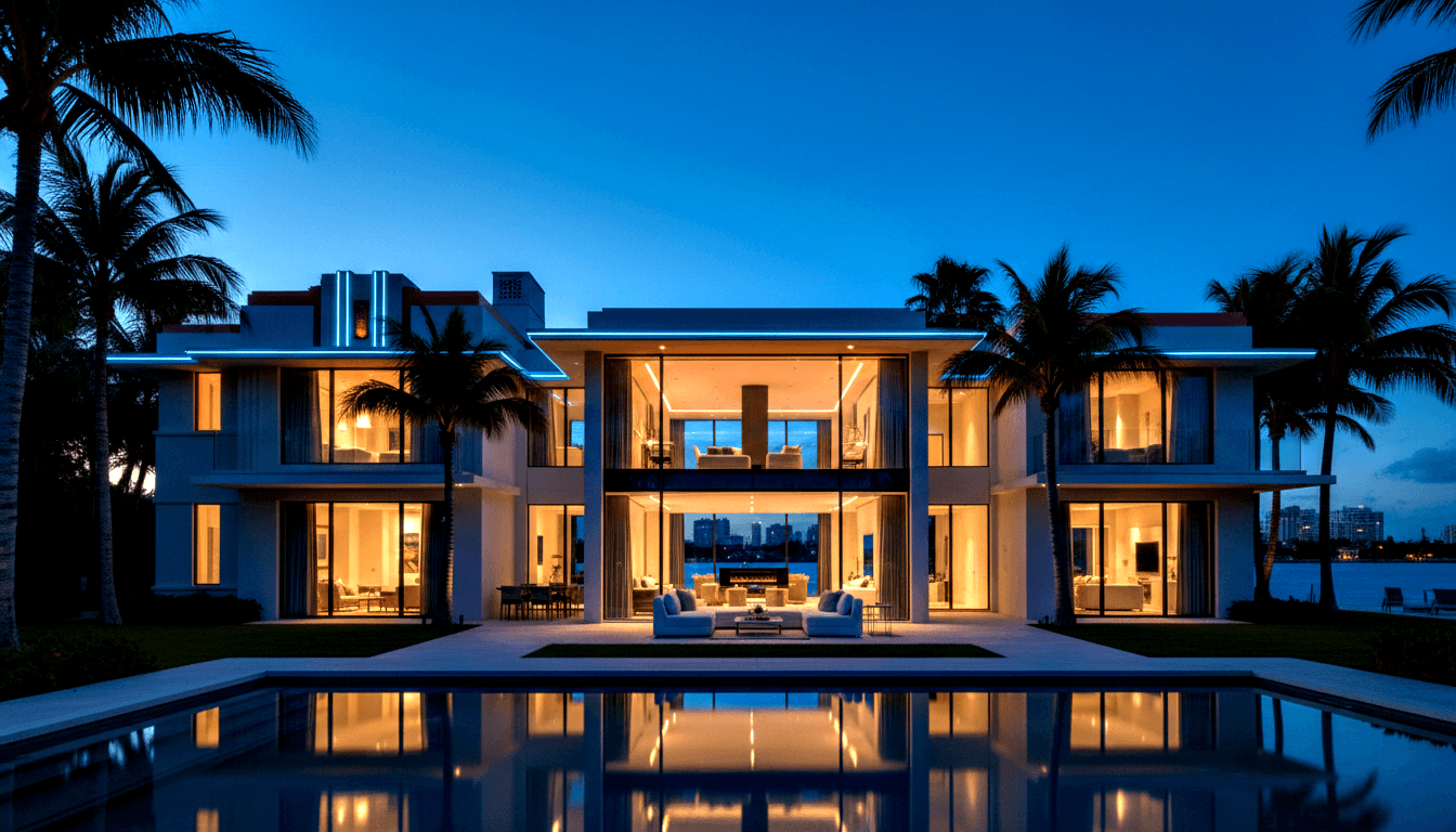 Two-story contemporary home at dusk with floor-to-ceiling glass walls, amber-lit interior, rectangular pool, and cyan LED roofline lighting.