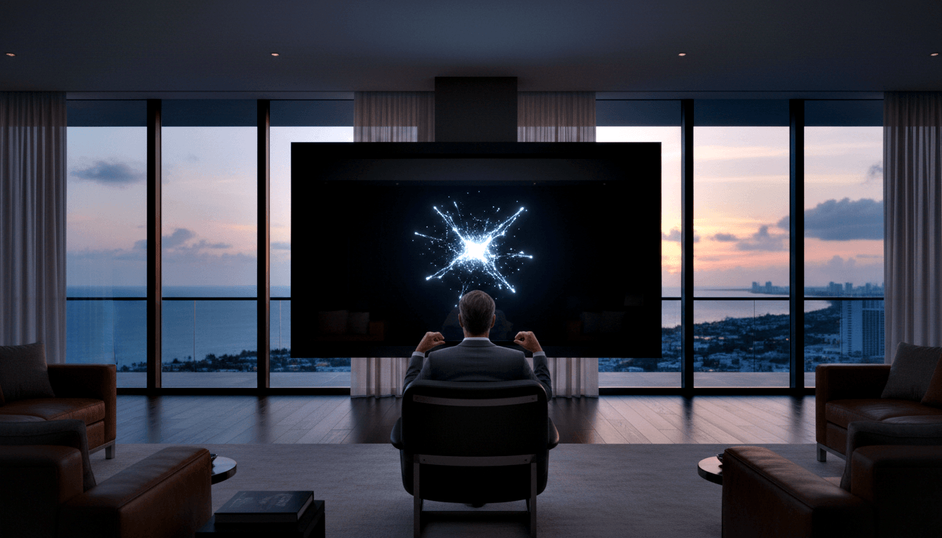 Person seen from behind in dark armchair facing glowing screen, flanked by cognac chairs in dim navy room with coastal dusk windows.