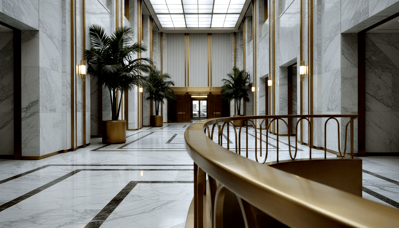 Symmetrical marble lobby with coffered skylight, gold pilasters, tall palms in cylindrical planters, polished floor, no people.
