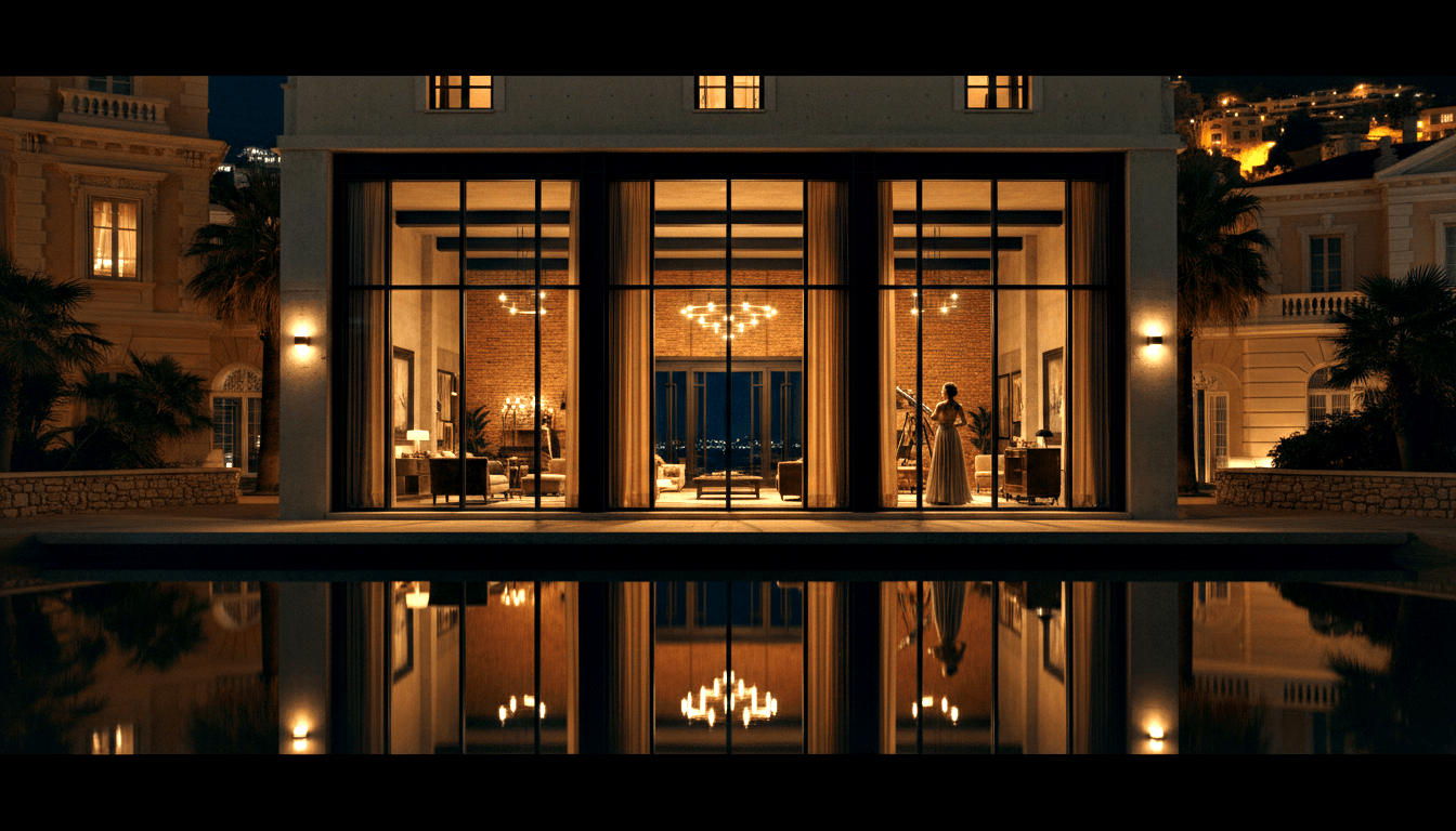 Mansion at night; amber-lit interior with chandelier and silhouetted figure reflected in foreground pool; palm trees, cinematic bars.