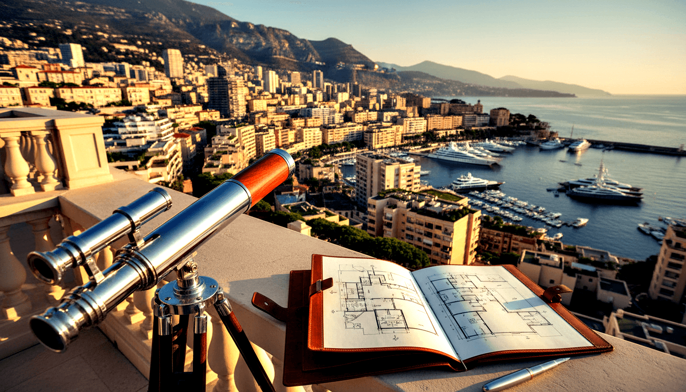 Vintage telescope on tripod beside open leather portfolio with floor plans on balustrade overlooking coastal city with marina.