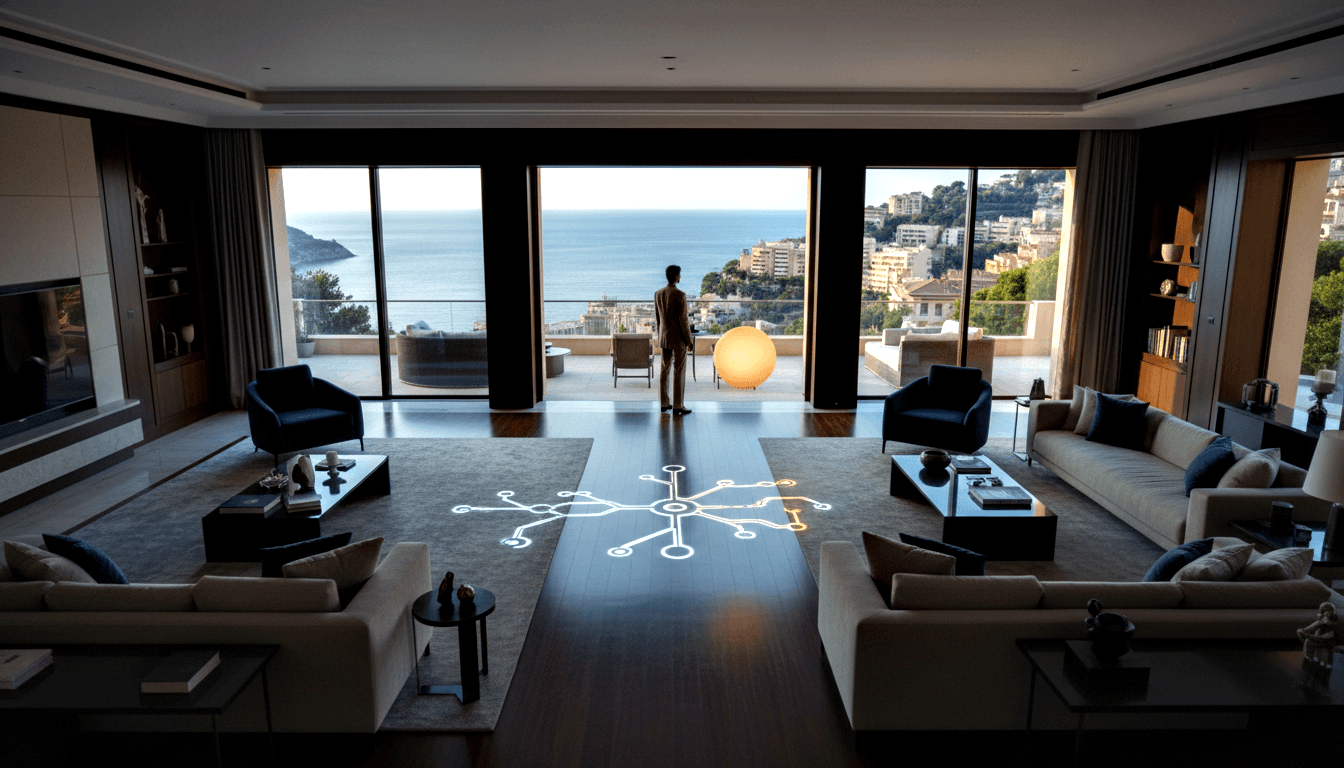 Silhouetted figure at glass doors faces coastal cityscape; cream sofas, dark floors, glowing network diagram projected on floor.