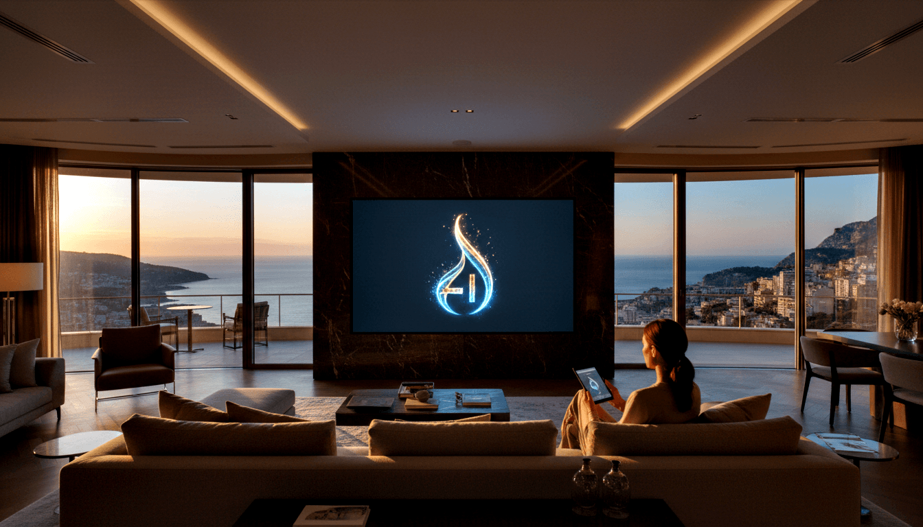 Woman in light wrap sits on cream sectional sofa holding tablet, facing wall-mounted screen with blue flame logo on dark marble.