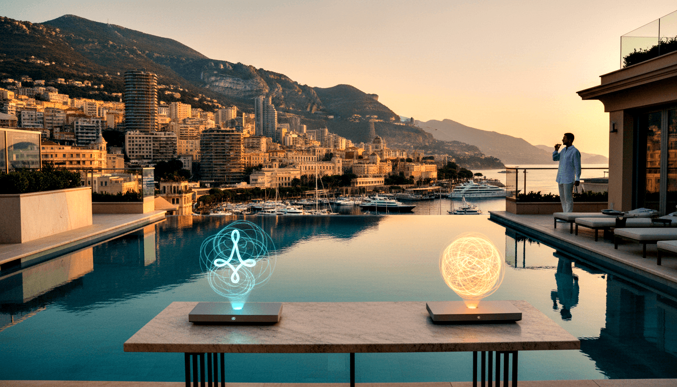 Terrace with teal loop sculpture and amber spherical web sculpture on marble pedestals, infinity pool, marina, mountains, golden-hour sky.
