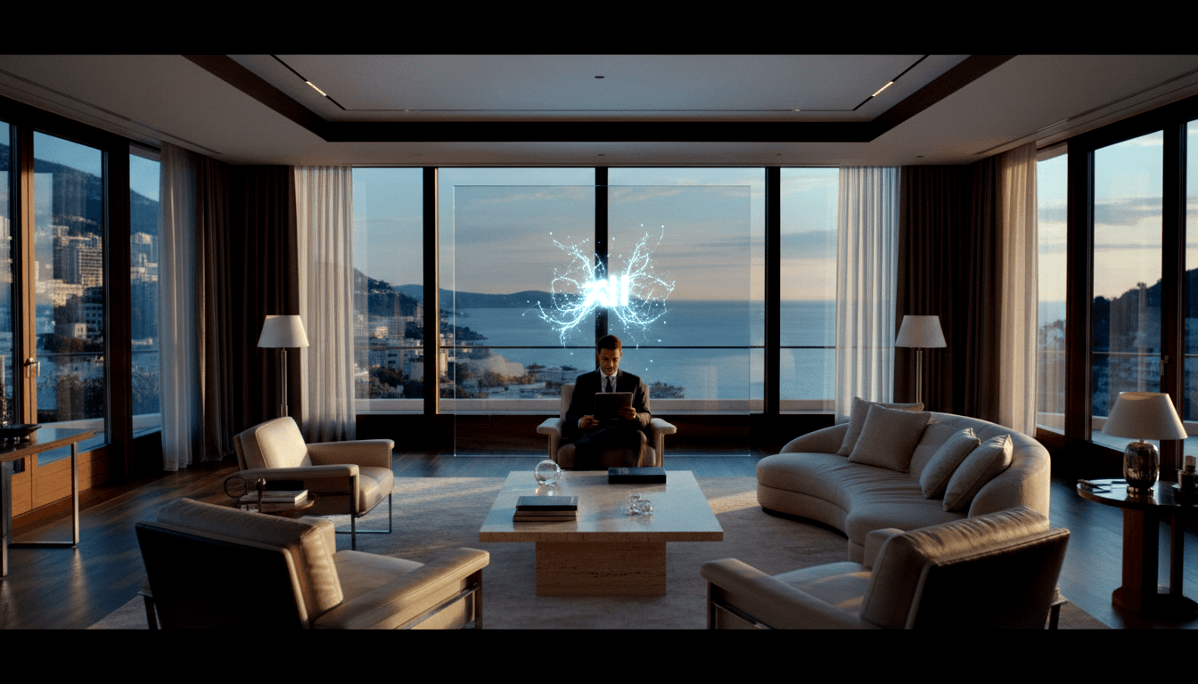 Man in dark suit sits on curved cream sofa beneath glowing white-blue branching energy discharge, coastal cityscape visible at dusk.