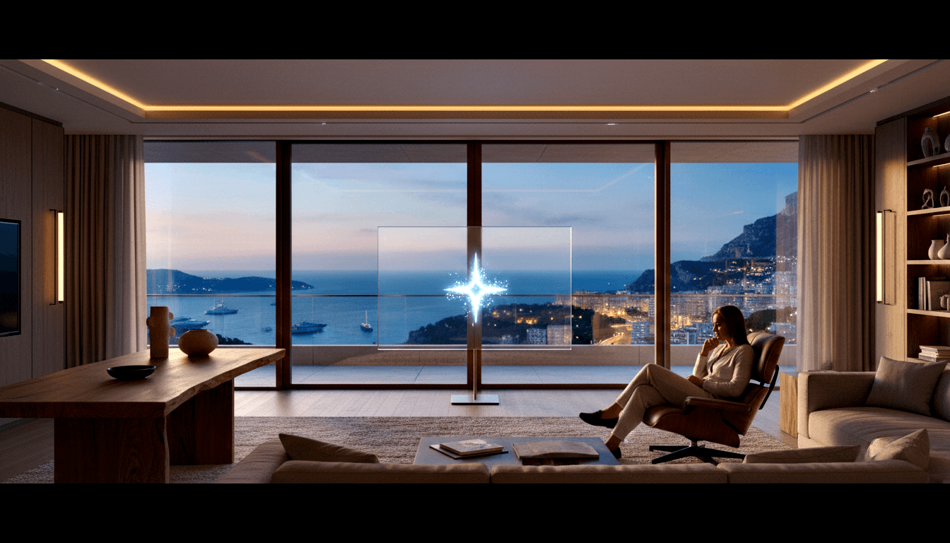 CGI open-plan living room at dusk with transparent display panel emitting glowing star, panoramic bay and mountain view behind.