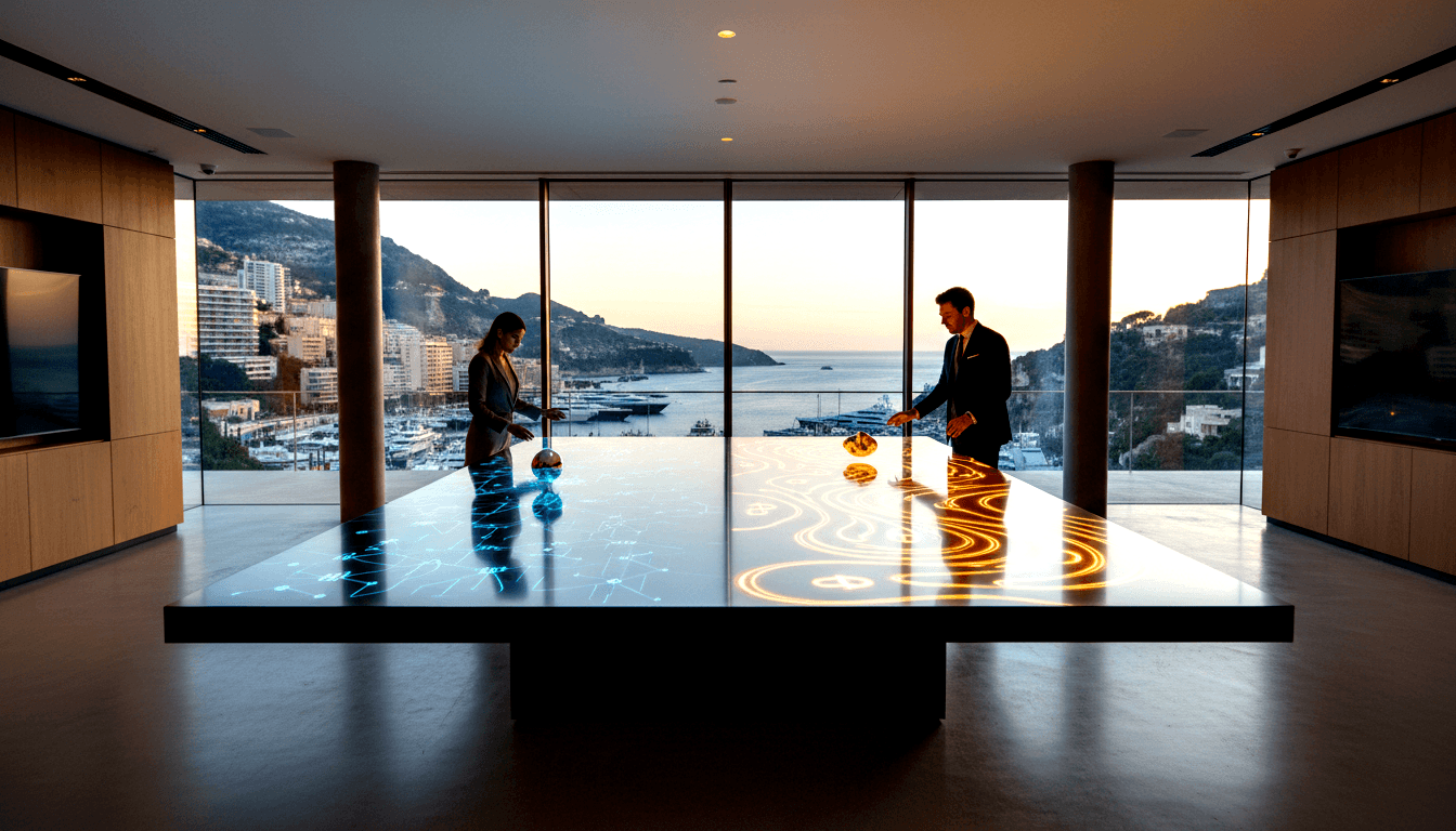 Woman and man lean over illuminated table with blue geometric and amber projections; harbor with yachts visible at dusk.
