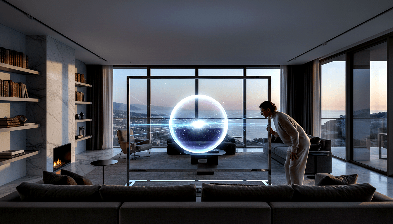 CGI living room: glowing white-blue orb on dark pedestal, woman leaning to examine it, marble fireplace left, coastal twilight behind.