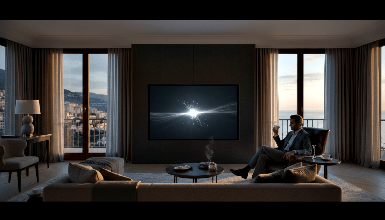 Man in grey suit reclines in leather wingback chair with white cup, facing TV, coastal twilight cityscape through floor-to-ceiling windows.