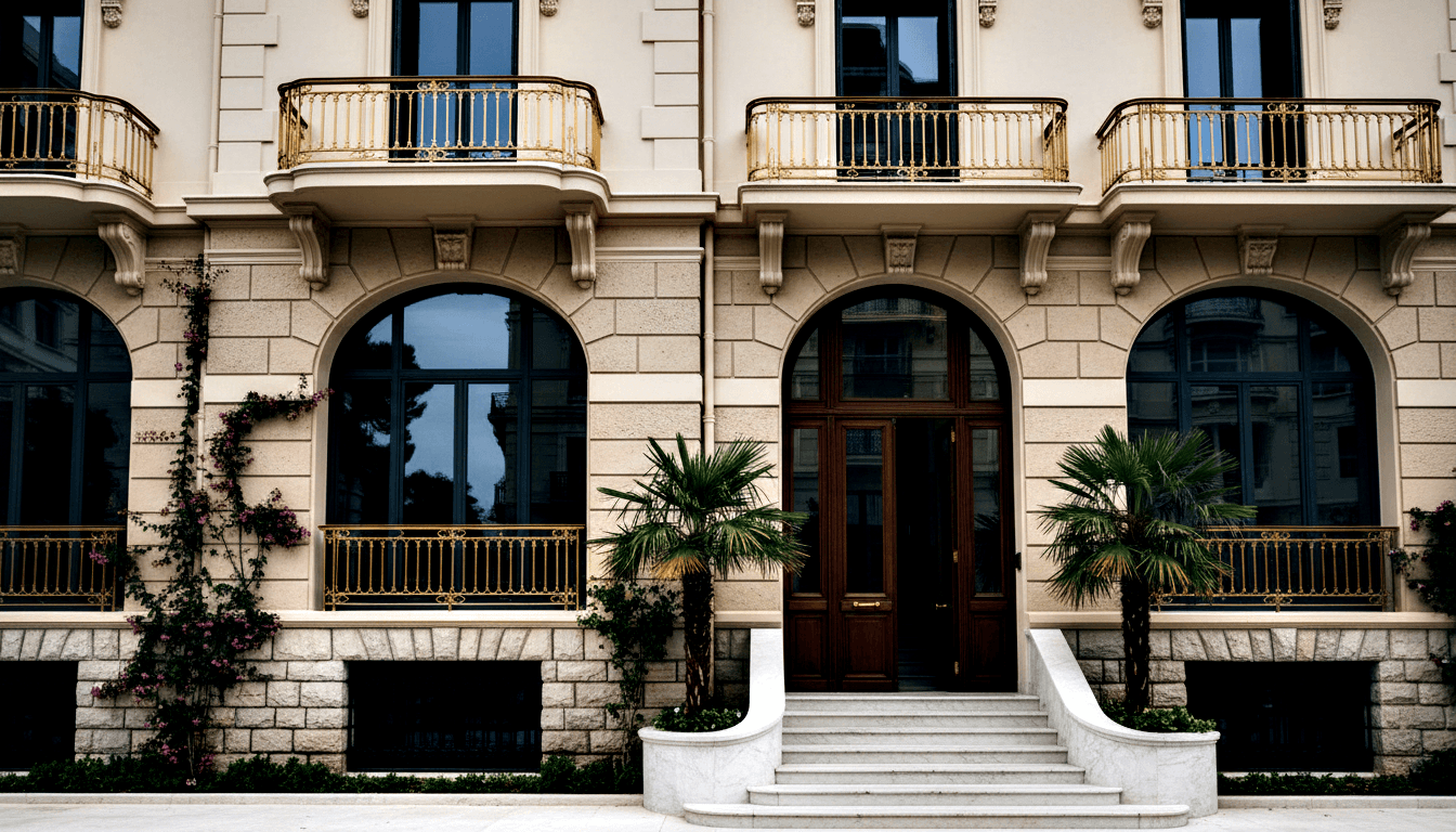 Cream stone classical façade with mahogany arched door, brass hardware, curved marble staircase, gold iron balconies, and pink climbing vines.