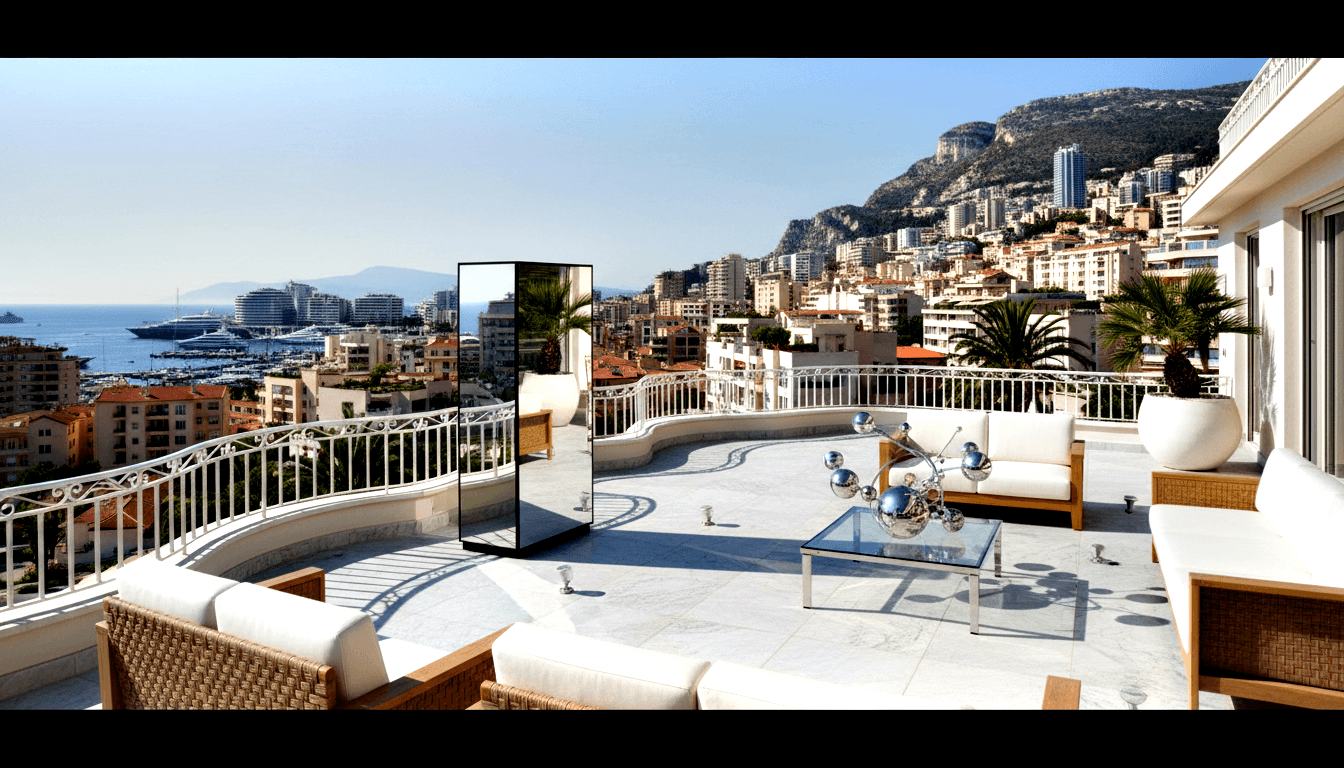 Rooftop terrace with wicker sofas and glass table overlooking hillside city, terracotta rooftops, yacht harbor, and mountains.