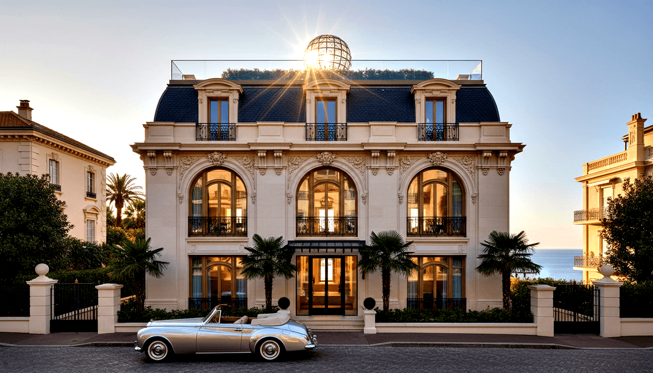 Cream Beaux-Arts mansion, navy mansard roof, ornate balconies, amber-lit windows, palm trees, silver vintage convertible on forecourt.