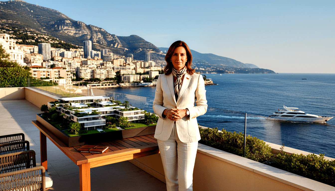 Woman in cream blazer and trousers with striped neckerchief stands beside an architectural scale model with green rooftops on a wooden table.
