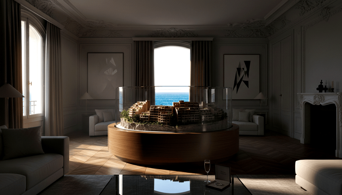 CGI room: walnut pedestal with terraced hillside scale model under glass dome, gray sofas, parquet floor, ocean view window.