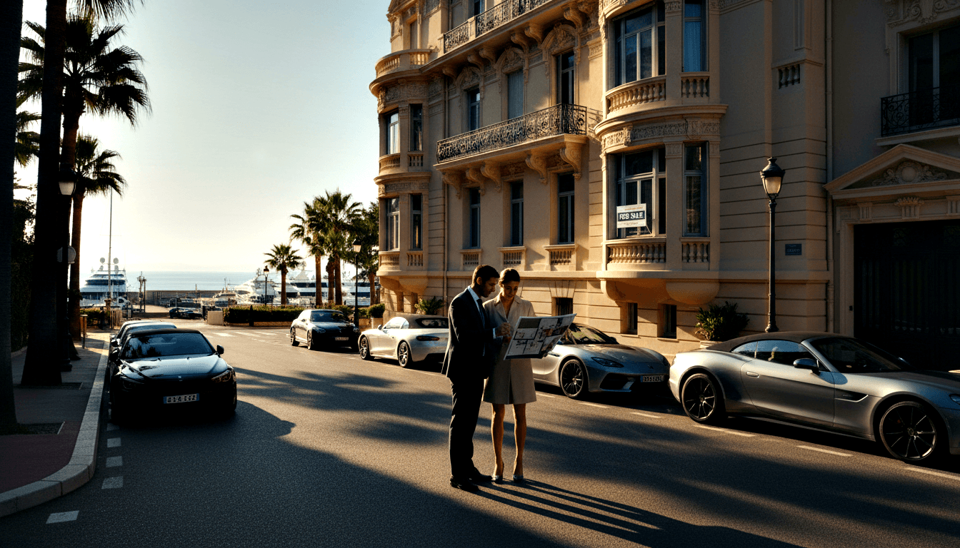 Man in dark suit and woman in beige blazer reviewing a document on a coastal boulevard with palm trees and marina behind them.