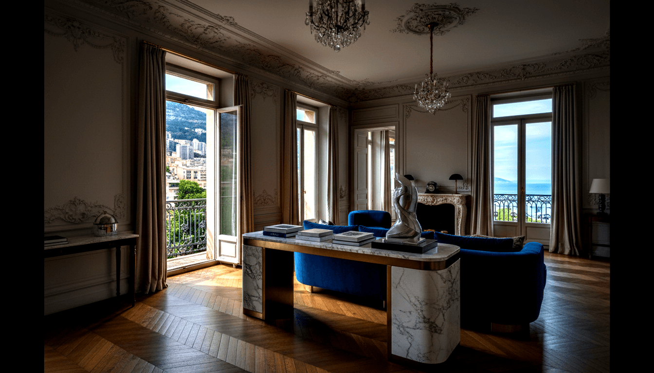 Grand salon with crystal chandeliers, herringbone parquet, blue velvet chairs, marble desk, French windows with sea views.