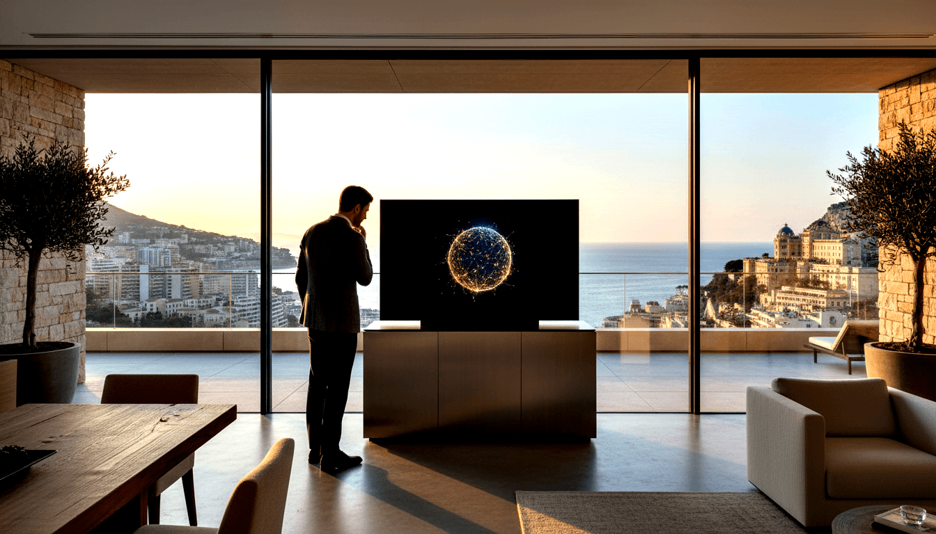 Man in dark suit with hand to chin faces a large display showing a glowing blue-white digital network globe, flanked by potted olive trees.