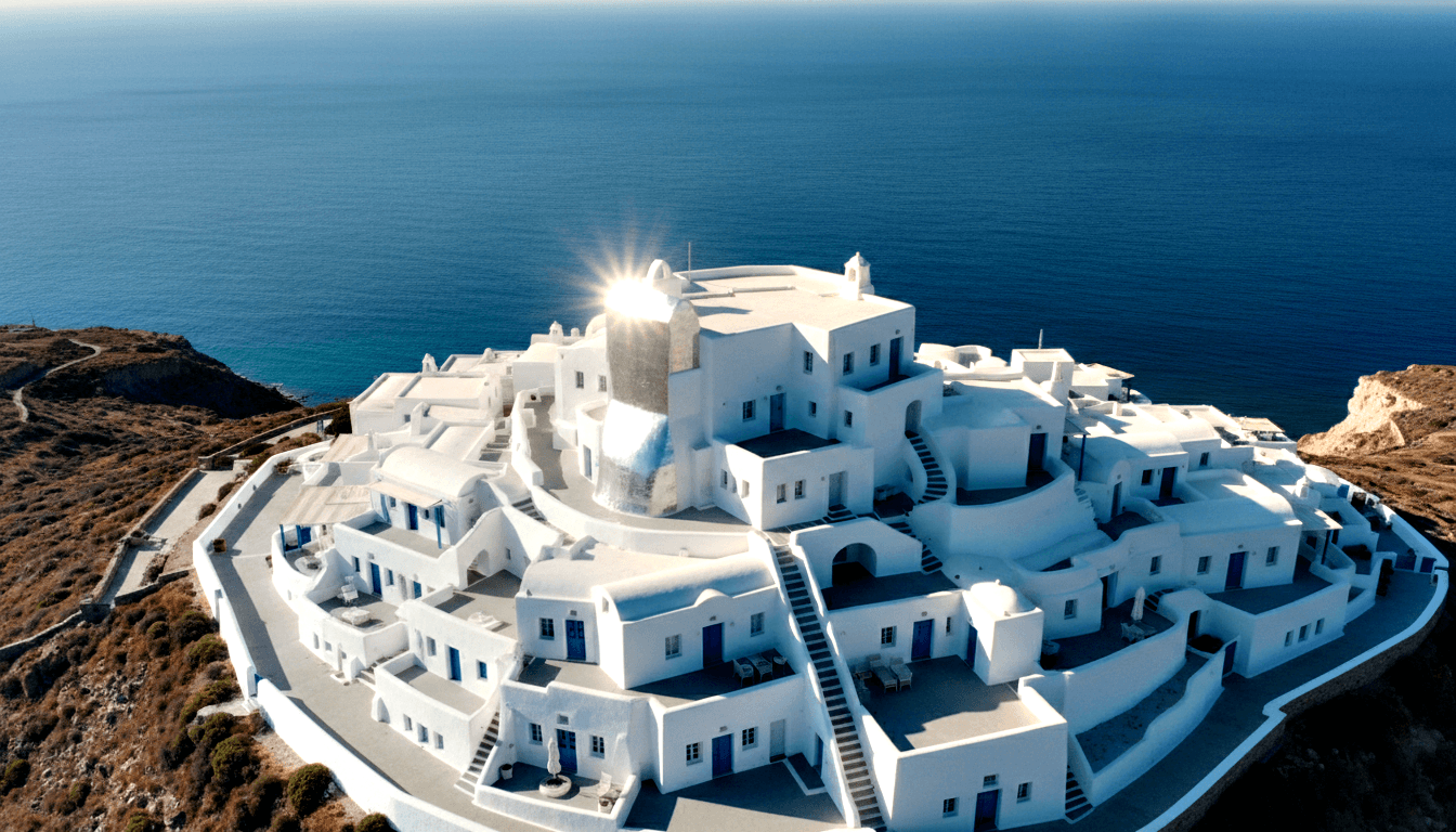 Whitewashed Cycladic complex on a rocky coastal cliff with blue doors, archways, and dome; cobalt sea fills the upper half.