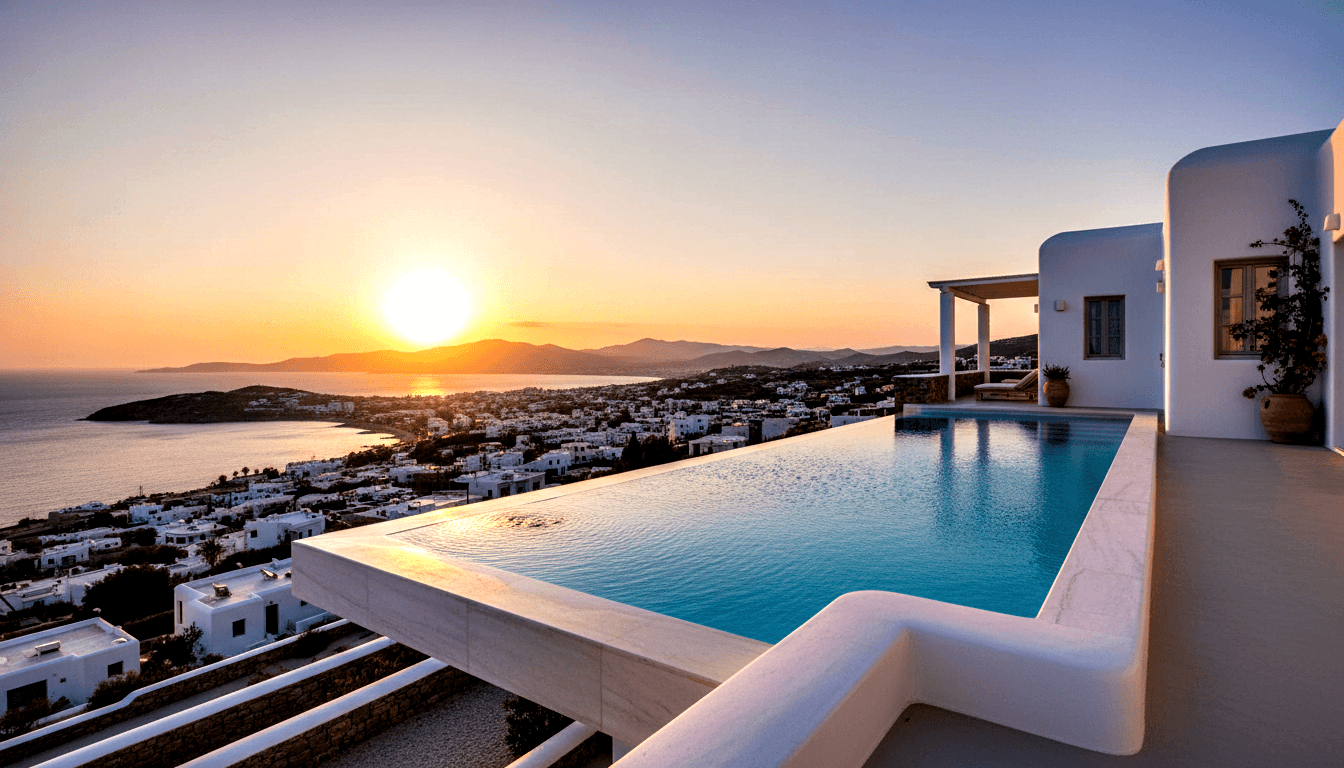 Infinity pool with turquoise water on a hilltop terrace overlooking a whitewashed town cascading to a calm sea at sunset.