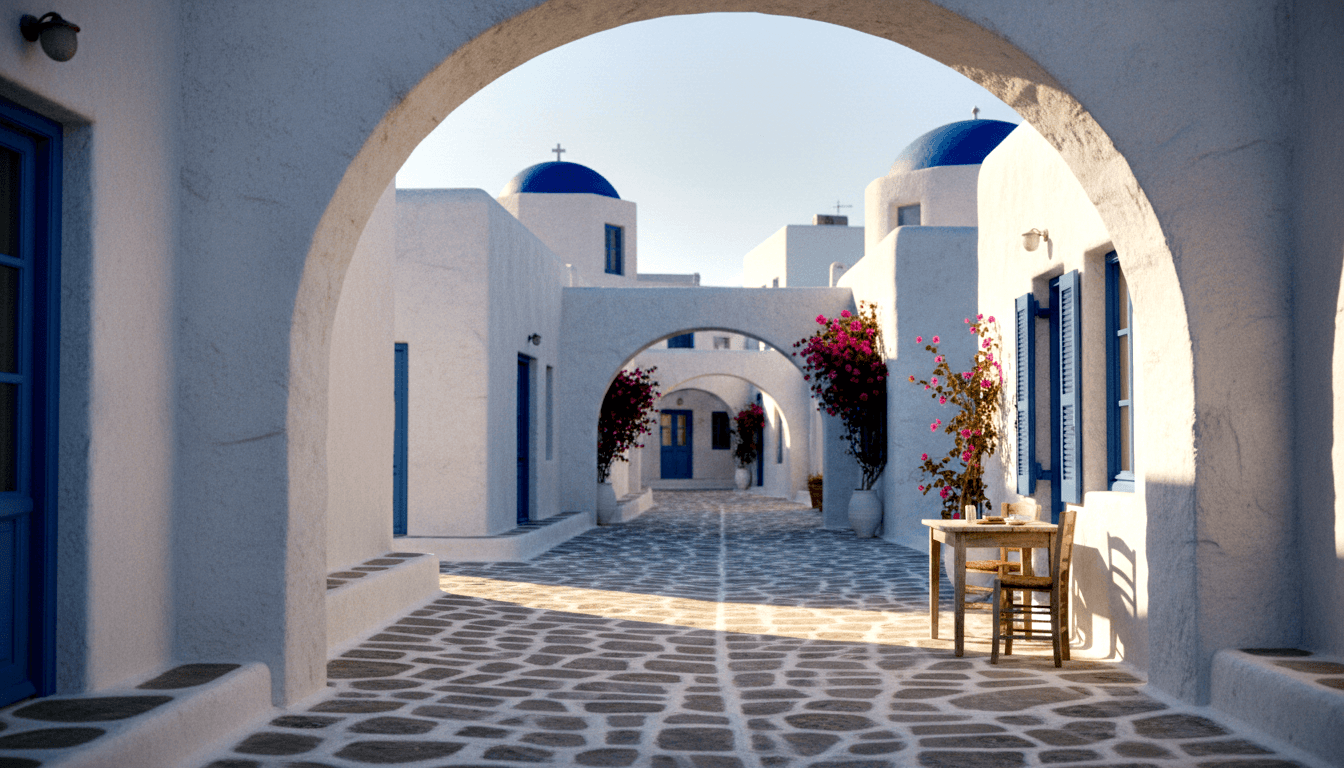 Rounded arch frames a receding series of arches leading to blue-domed chapel structures with a cross, bougainvillea on white walls.