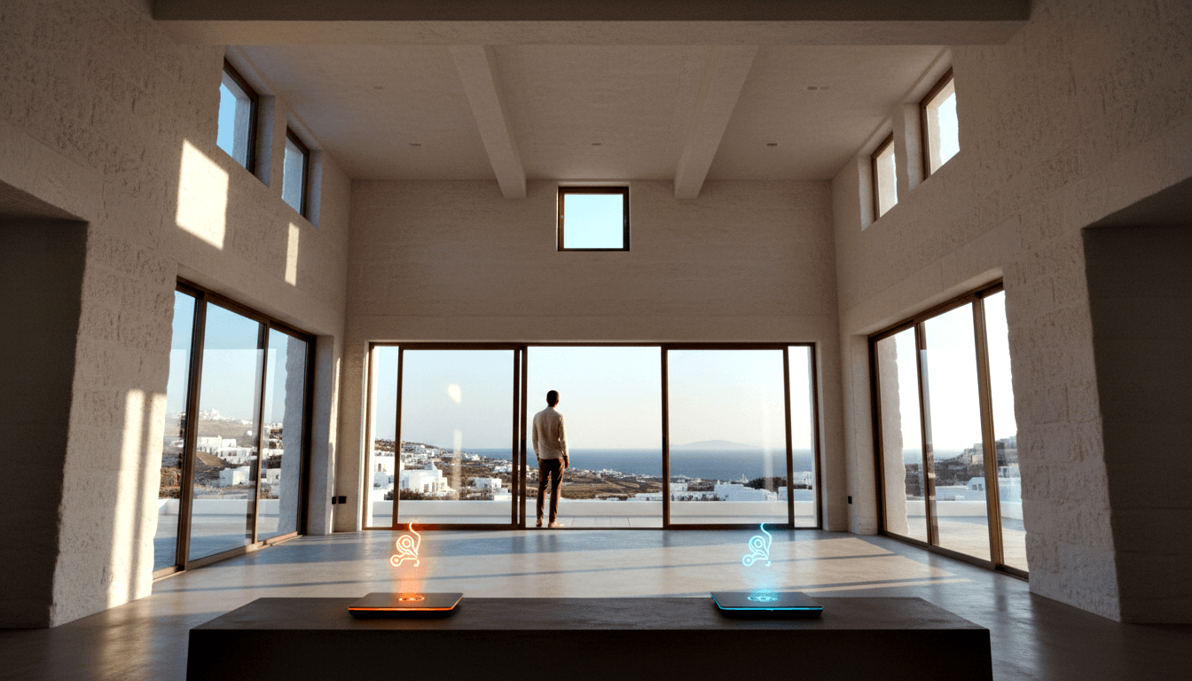 Man at floor-to-ceiling glass doors overlooking coastal sea; holographic icons glow on foreground counter, high beamed ceiling above.