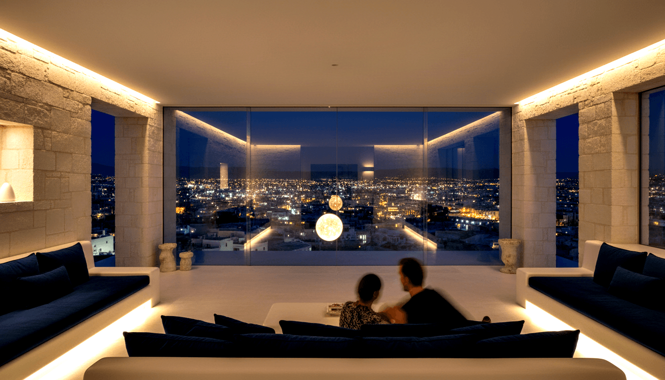 Two adults seen from behind on a navy-cushioned bench, gazing through floor-to-ceiling glass at a glowing night city skyline.