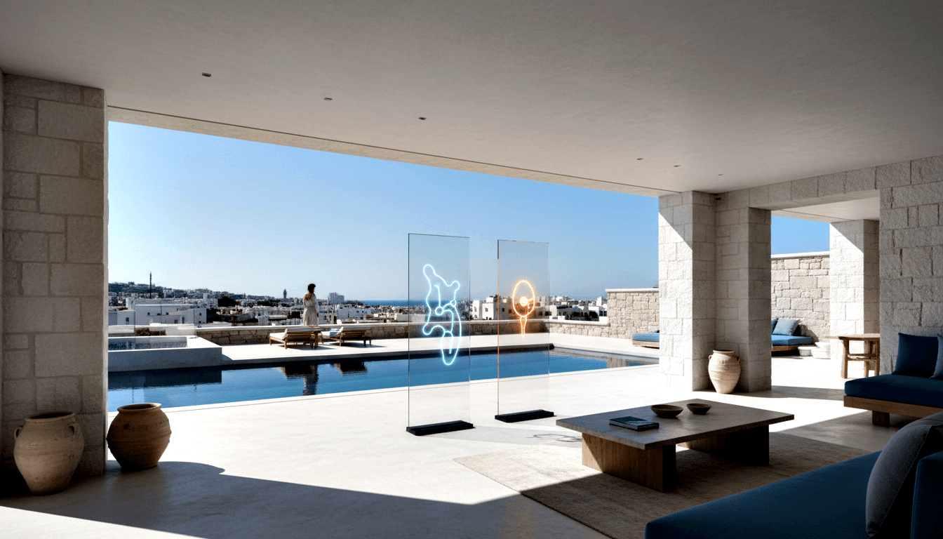 Stone terrace with infinity pool overlooking coastal city; two tall glass panels, blue sofas, wooden loungers, woman standing at pool edge.