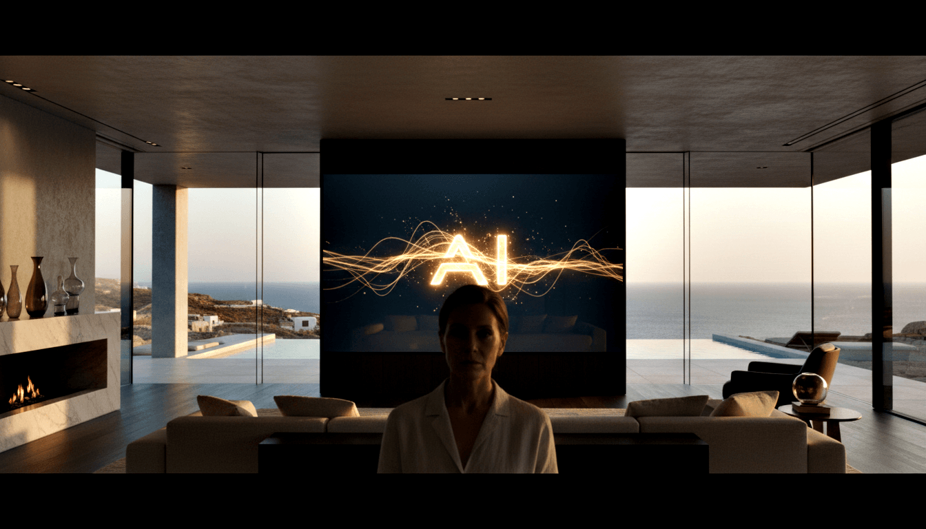 Woman in white blouse backlit before dark screen with glowing amber "AI" letters, white sofas, fireplace, ocean view at dusk.